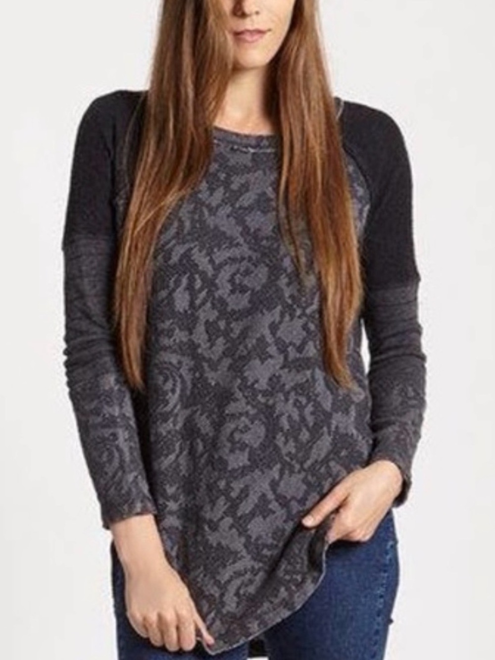 Free People Gray Floral Thermal Tunic Top